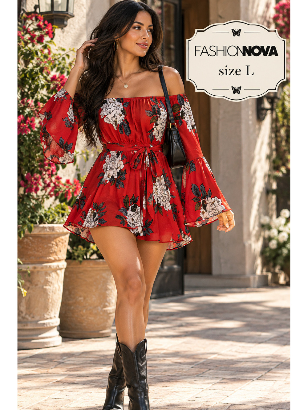 Fashion Nova | L | Red Floral Off Shoulder Bell Sleeve Romper